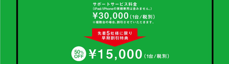 サポートサービス料金 （iPad/iPhoneの実機費用は含みません。） ¥30,000（1台/税別） ※複数台の場合、割引させていただきます。