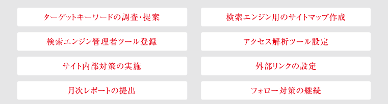 ターゲットキーワードの調査・提案 / 検索エンジン用のサイトマップ作成 / 検索エンジン管理者ツール登録 / アクセス解析ツール設定 / サイト内部対策の実施 / 外部リンクの設定 / 月次レポートの提出 / フォロー対策の継続